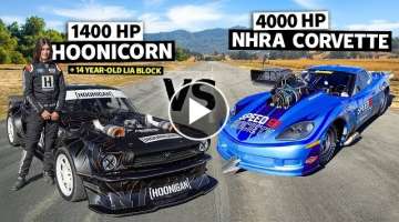 4,000HP NHRA Corvette C6 vs Lia Block's 1,400HP AWD Mustang // Hoonicorn vs The World 2