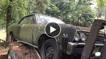 LONG LOST STREET RACING LEGEND 1967 CHEVELLE SS396 FOUND PARKED ON A CAR HAULER IN A SALVAGE YARD